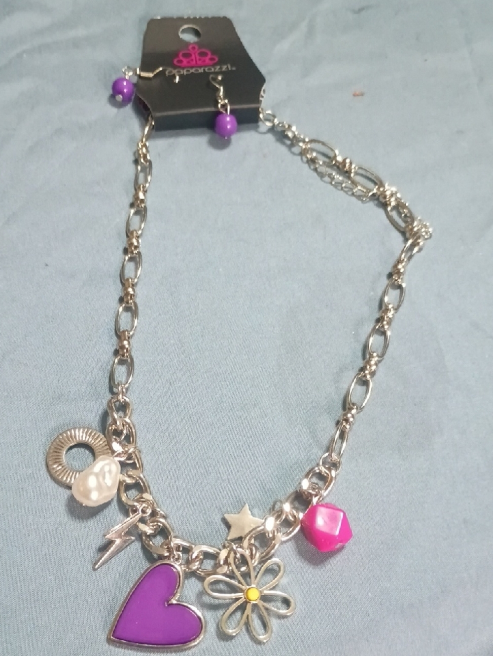 paparazzi Silver-Tone Necklace with Purple Heart & Pink Bead Charms